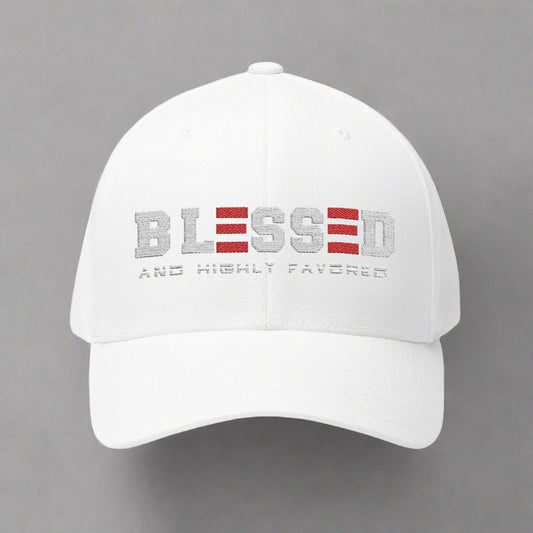 BLESSED and HIGHLY FAVORED CLOSED BACK STRUCTURED CAP EMBROIDEREY - ES Christian Wear